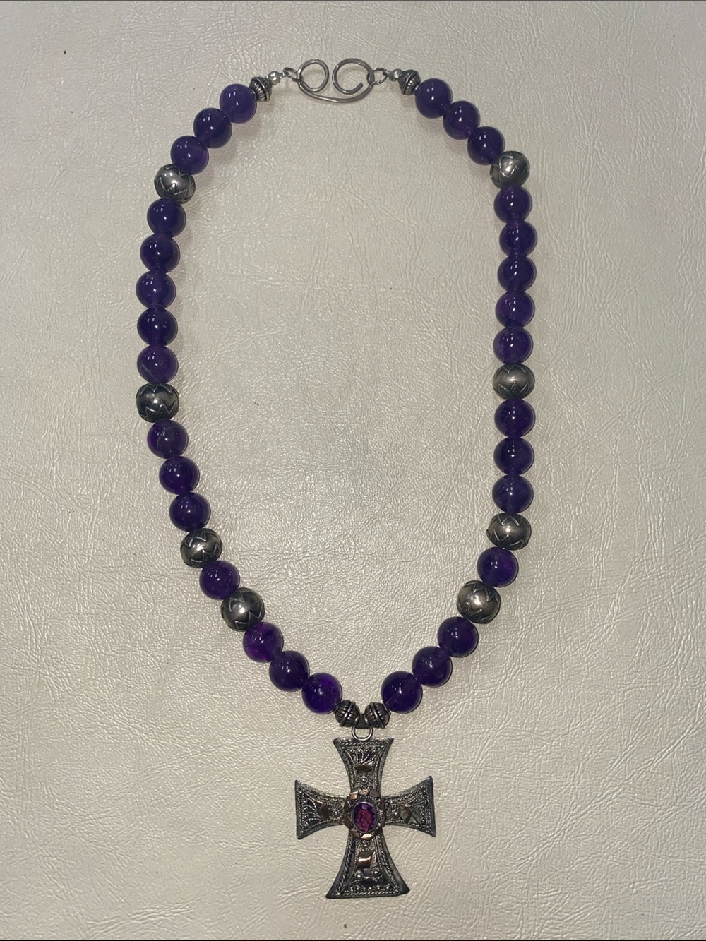 Amethyst Bead Necklace with Cross Pendant